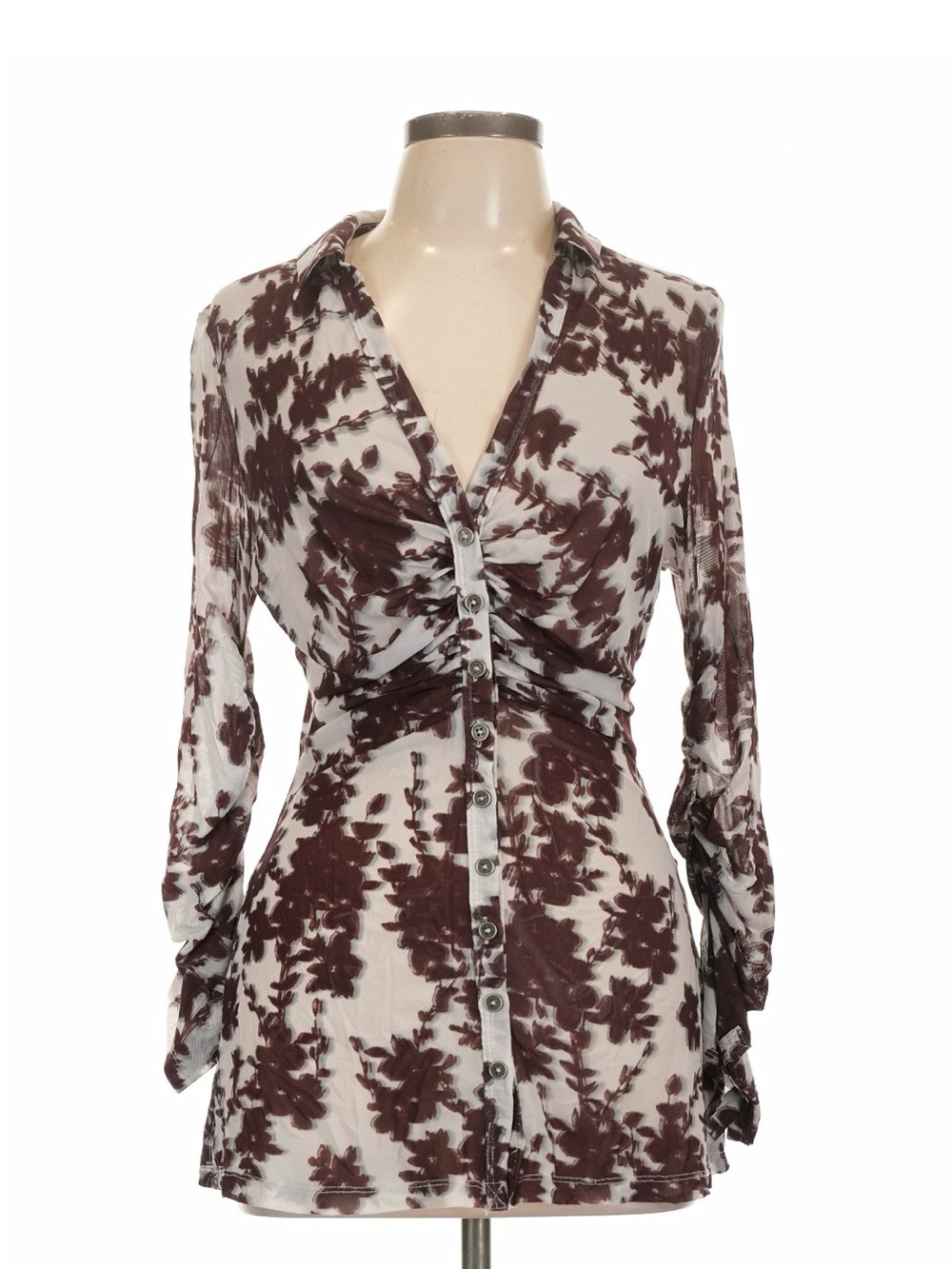 Free People Cream and Brown Floral Mesh Button-Front Blouse Large